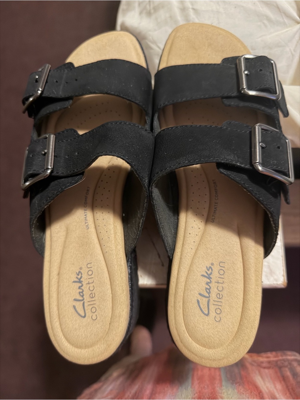 Clarks Black Double-Buckle Slide Sandals with Tan Footbed